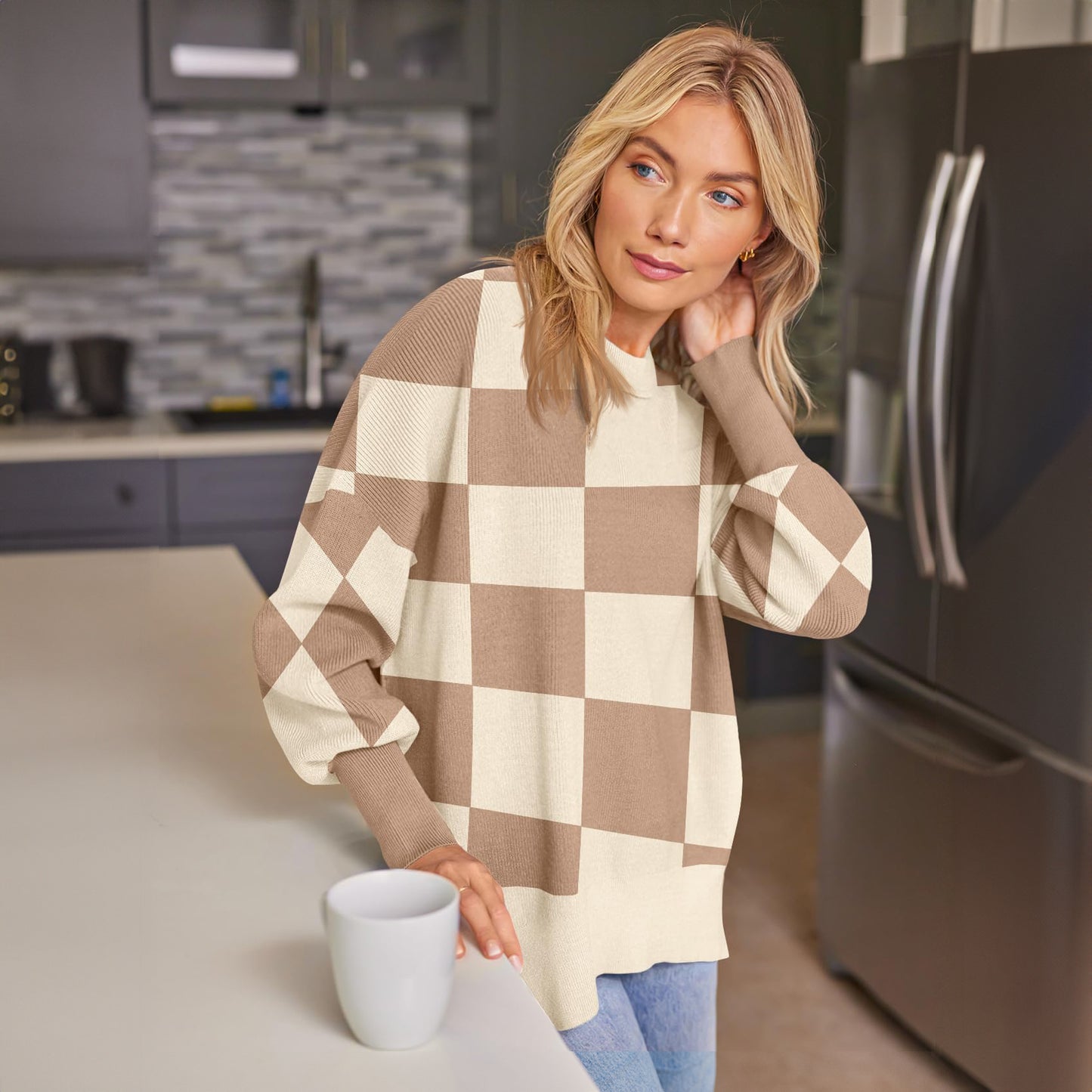 SUNBS Oversized Sweaters for Women Crewneck Casual Long Sleeve Blouse Knit Pullover Tops 2024 Winter Clothes