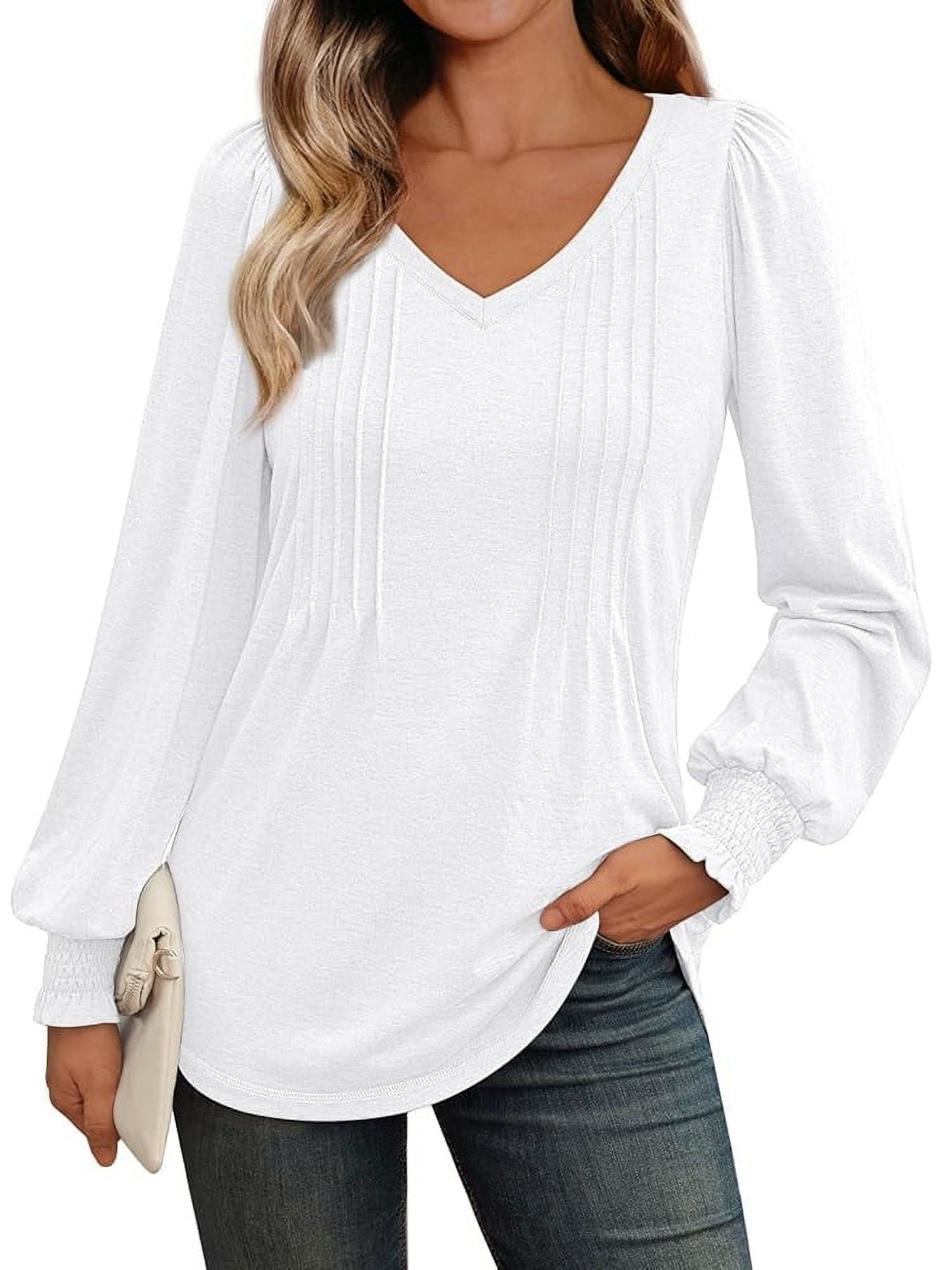 SUNBS Pleated Blouses for Women Long Sleeve Shirts Dressy Tunic Tops Crewneck Trendy Clothes