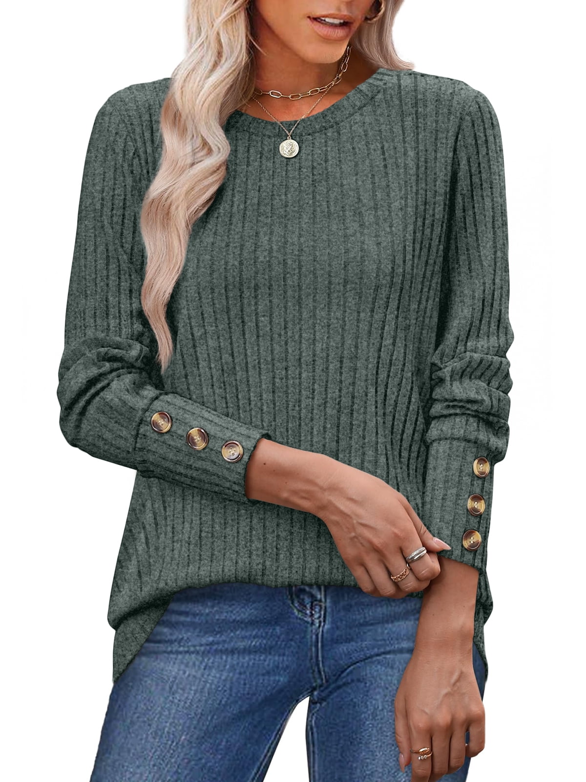 SUNBS Sweaters for Womens Long Sleeve Shirts Button Cuffs Tunic Blouse Fashion Outfits
