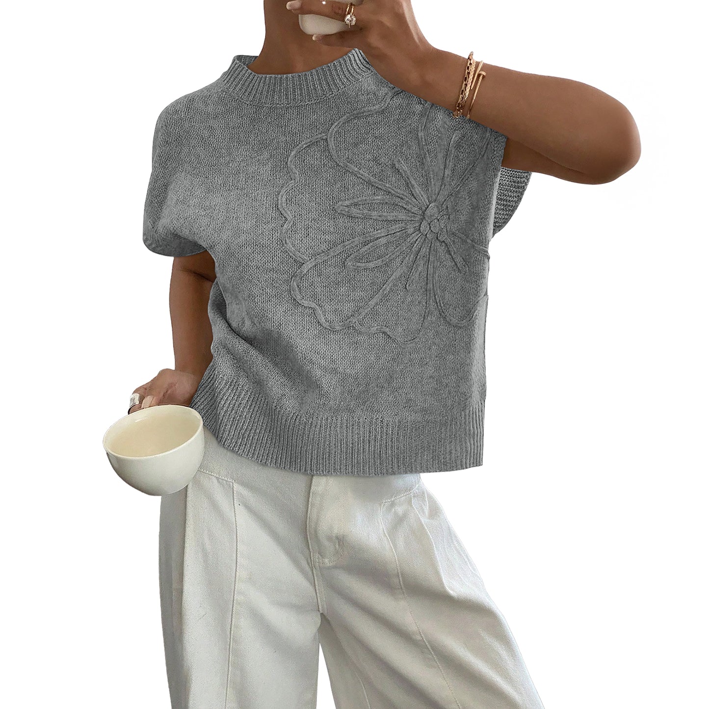 SUNBS Shirts for Women Short Sleeve Blouses Ribbed Sweater Crew Neck Short Sleeve Tops Loose Fit Floral Knit Pullover Clothing