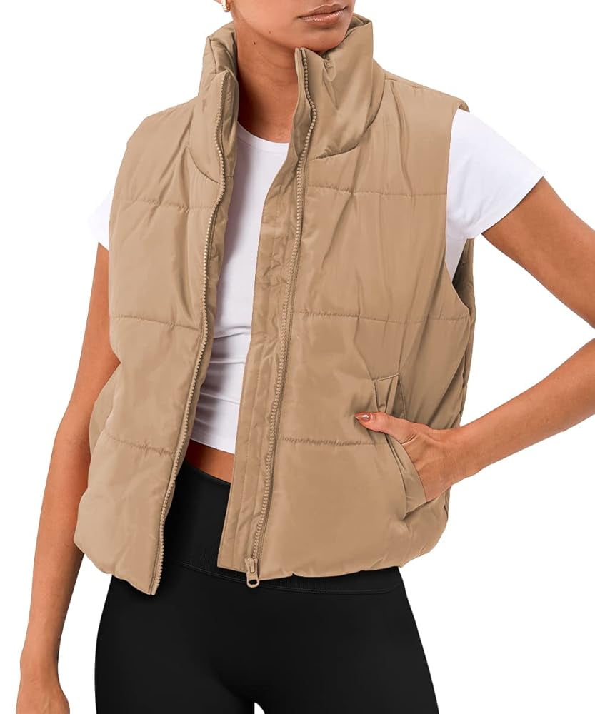 SUNBS Puffer Vest Women Sleeveless Winter Cropped Outerwear Warm Puffer Lightweight Stand-up Collar Down with Pockets