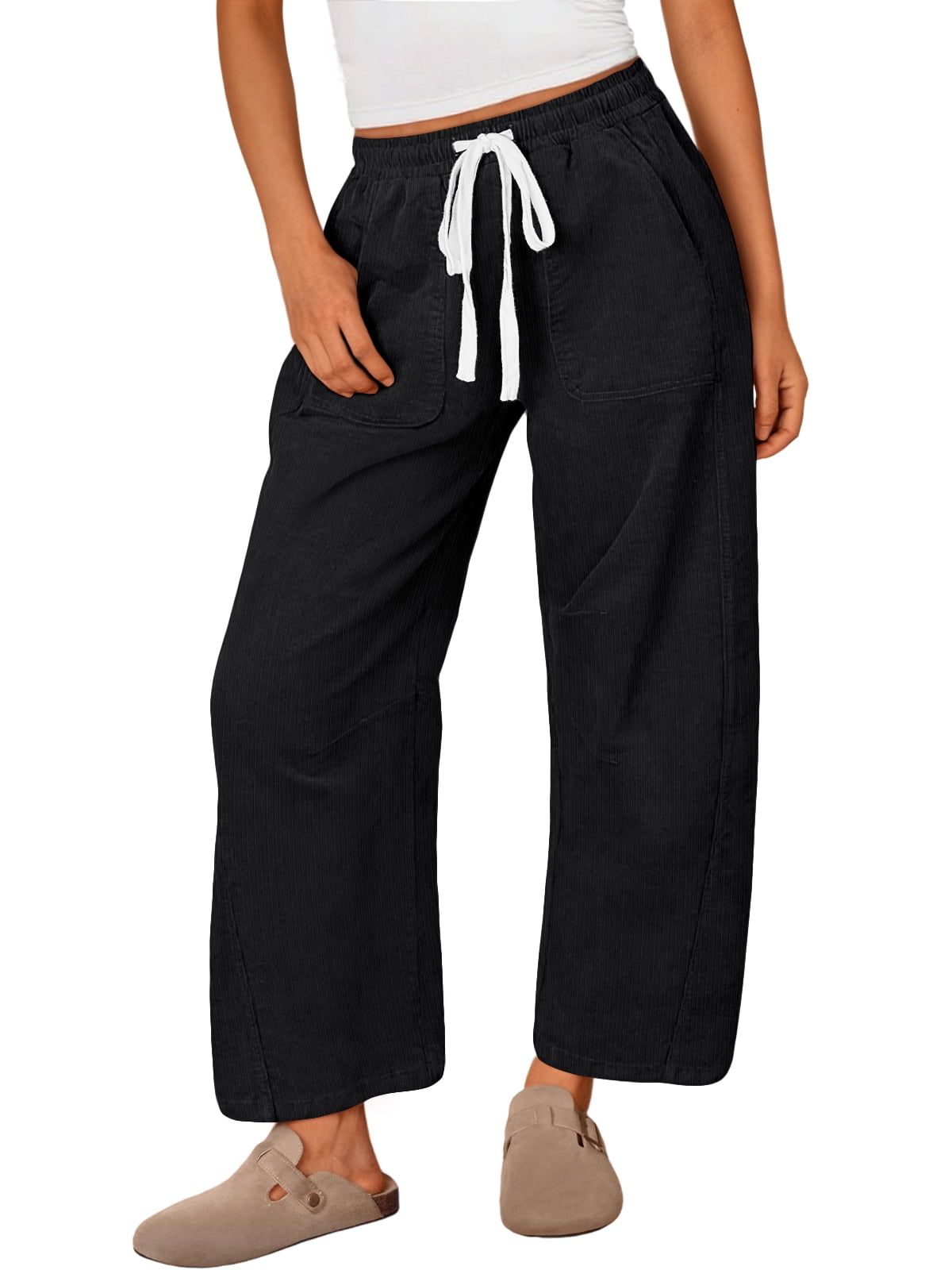 SUNBS Womens Corduroy Pants Fall Barrel Linen Pant Winter Casual Wide Leg Trousers with Pockets
