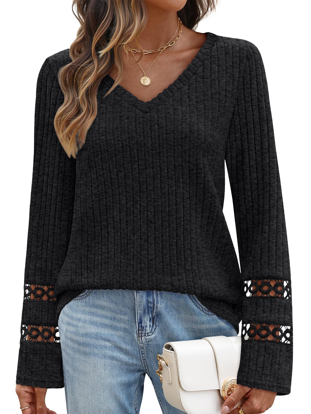 SUNBS Long Sleeve Shirts for Women Trendy Casual Square Neck Tops Lightweight Sweaters