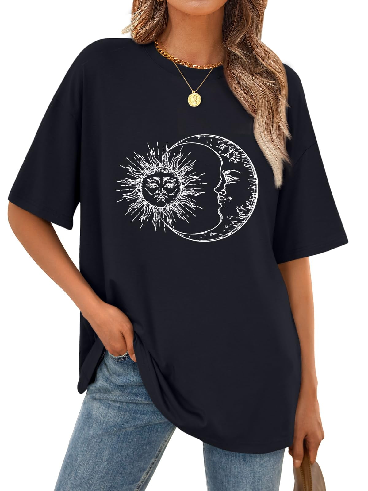 SUNBS Womens Loose Fit Graphic Tees Sun & Moon Oversized Casual T-Shirts for Women Summer Tops 2025