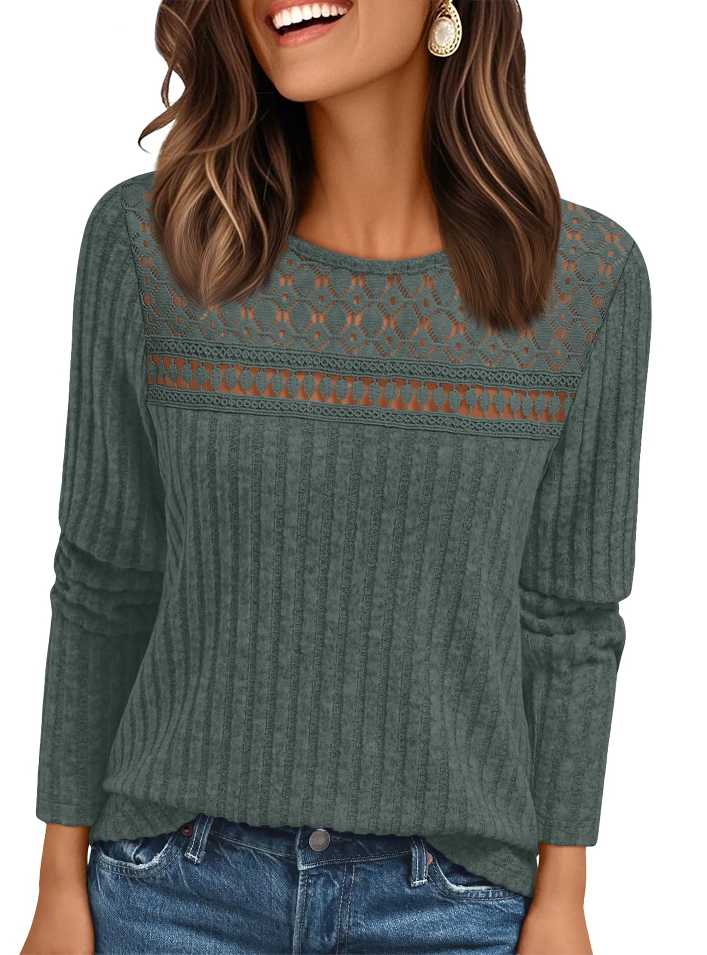 SUNBS Womens Lace Long Sleeve Shirt Fall Top Fashion Dreesy Casual Tunic Sweaters Mesh Clothes Trendy Work Cute Outfits