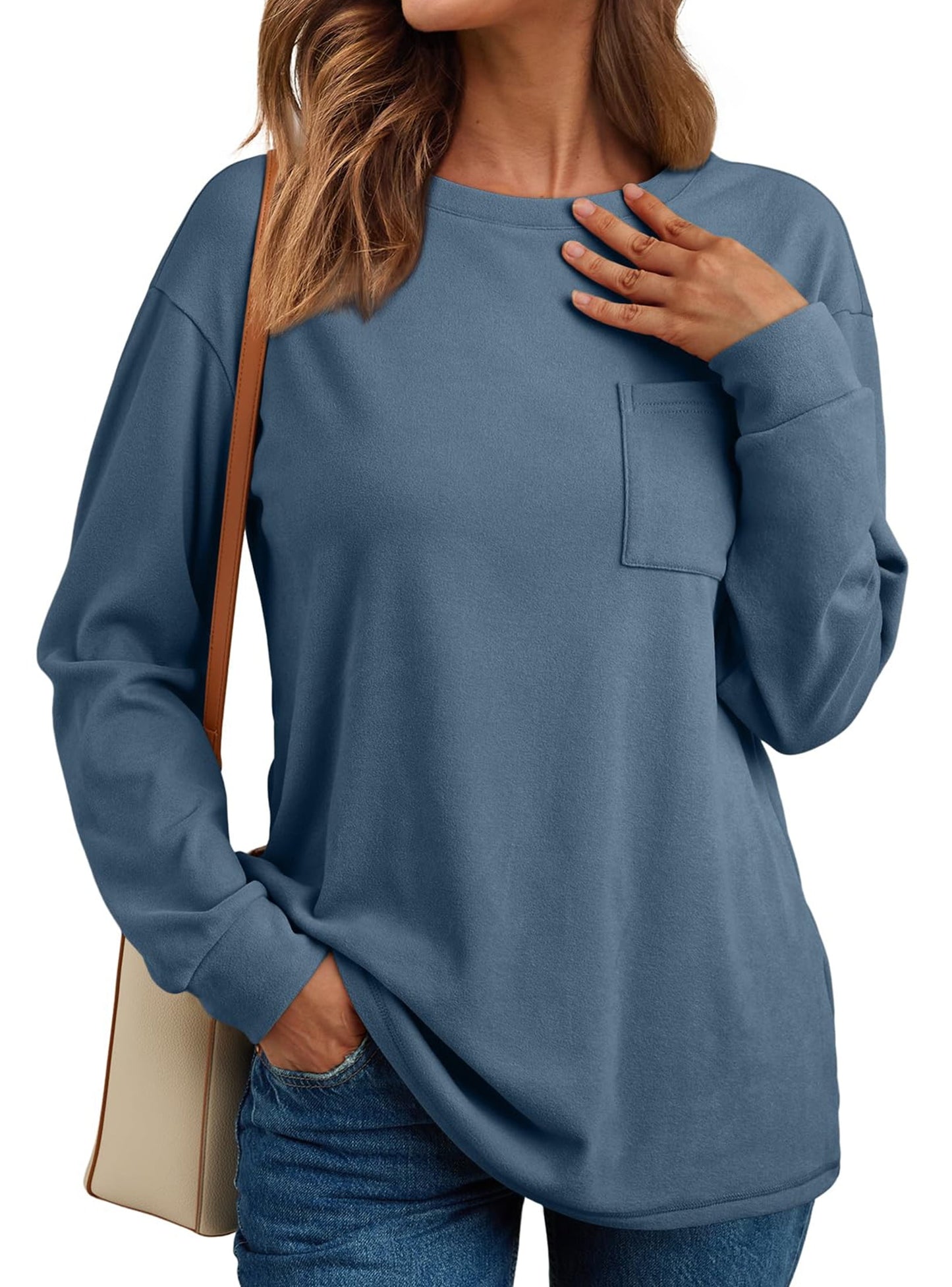 SUNBS Womens Long Sleeve Crewneck Shirts Fall Winter Casual Work Tops Women Blouses Trendy Basic Outfits