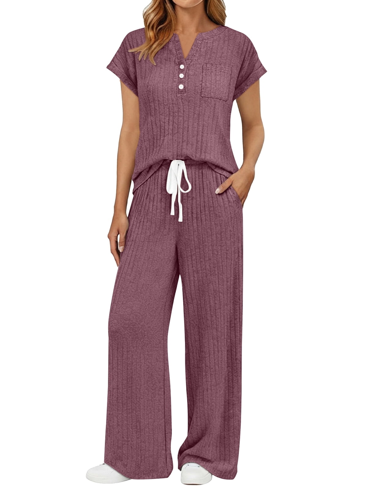 SUNBS Two Piece Lounge Set for Women Outfit Sets Henley Shirt Wide Leg Pants Casual Sweat Suit