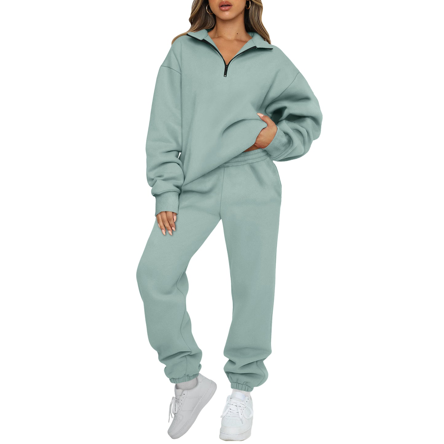 SUNBS Women's Sweatsuits 2 Piece Outfits Long Sleeve Half Zip Pullover and Baggy Sweatpants with Pockets