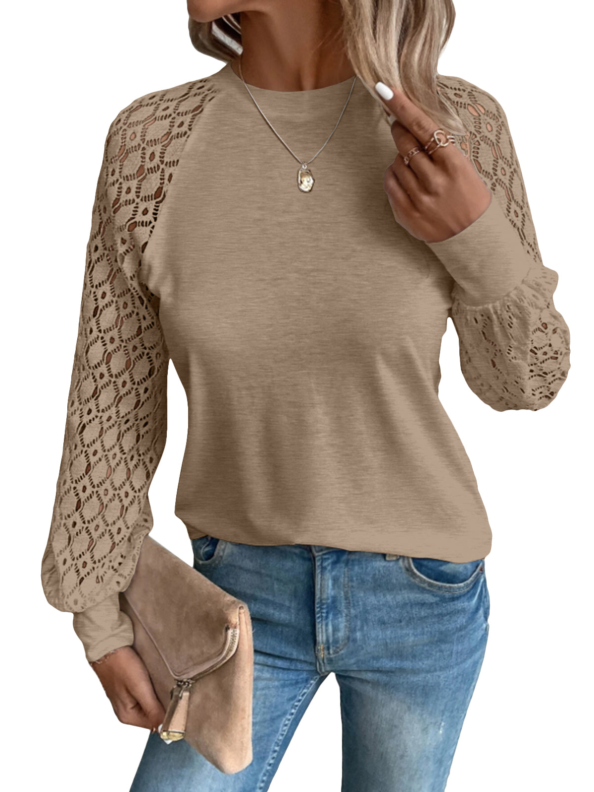 SUNBS Women Blouses Hollow-Out Lace Tops Crew Neck Long Sleeve Shirts for Women 2025 Trendy Clothes