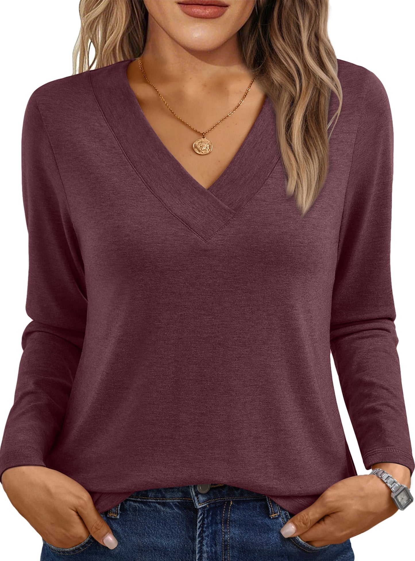 SUNBS Long Sleeve Shirts for Women Tops V Neck Casual Tops Comfortable Shirt Soft Basic Tees Women Blouses