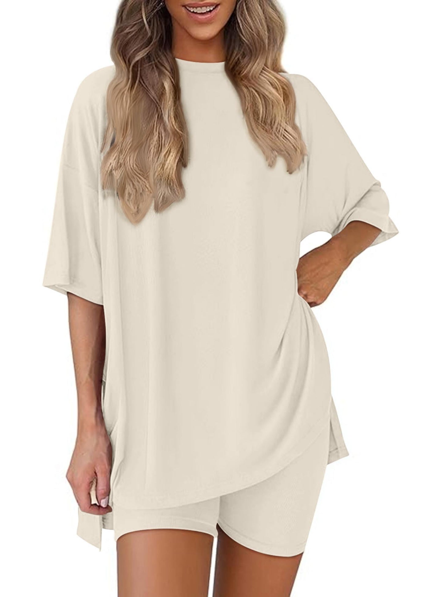 SUNBS Two Piece Lounge Set for Women Outfit Sets Casual Oversized Shirts Biker Shorts Matching Sets