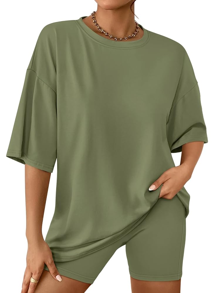 SUNBS Women's Lounge Set Womens 2 Piece Sets Matching Clothing Oversized Tshirts Biker Short Summer Outfits 2025