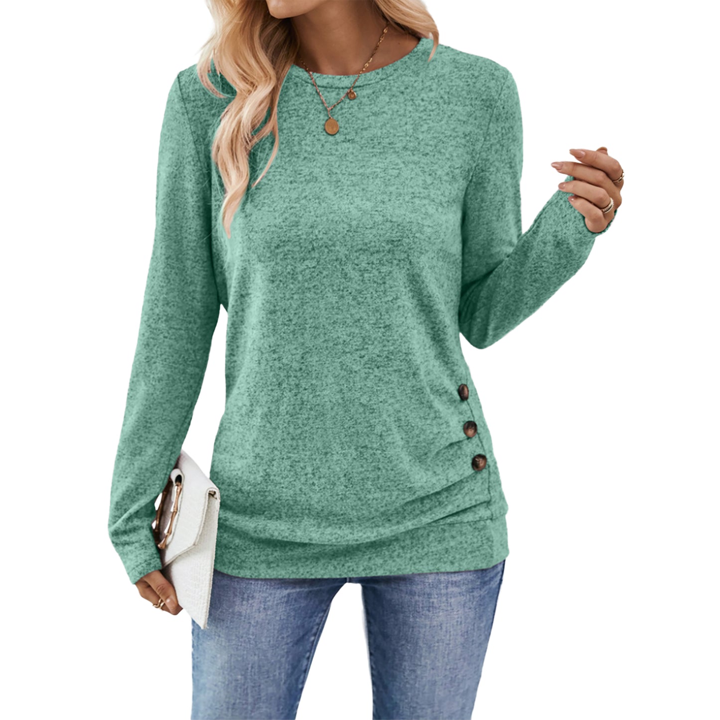 SUNBS Women's Long Sleeve Tunic Blouses Fall Button Side Ruched Shirts Crewneck Casual Tops Fashion Clothes