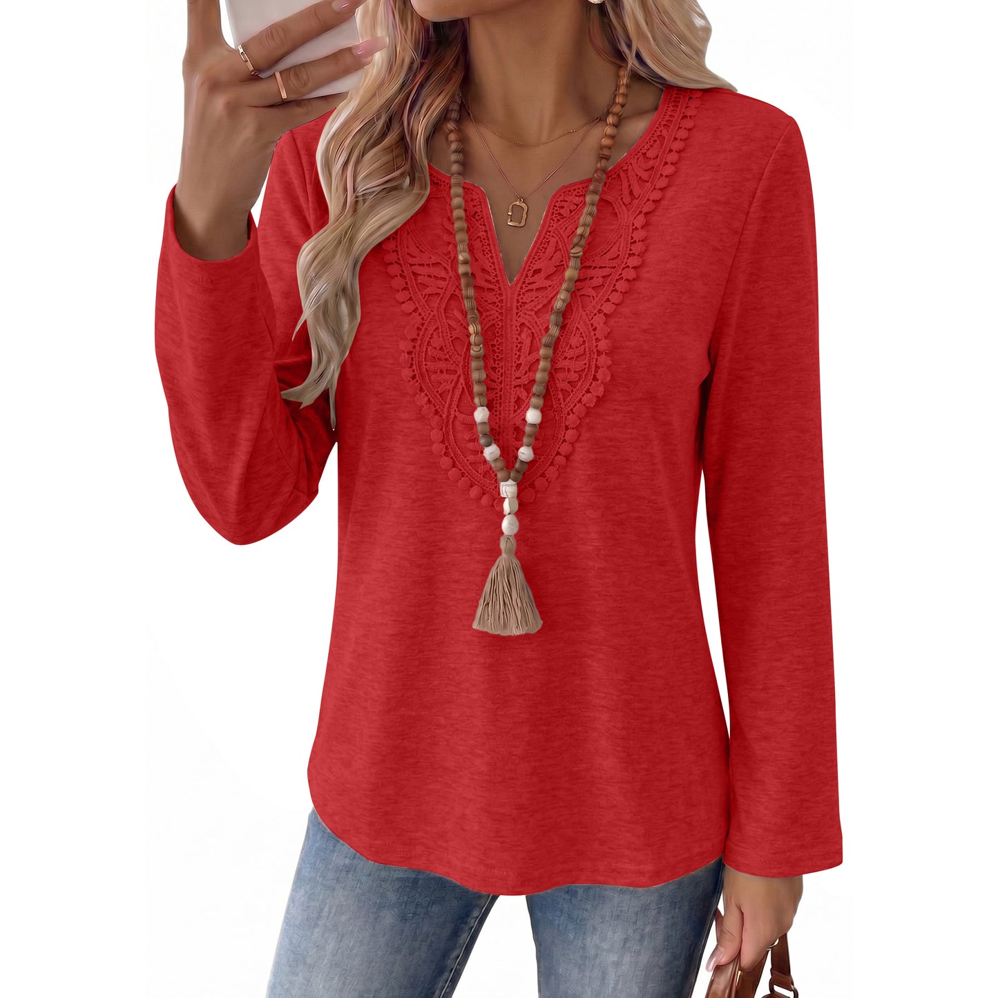 SUNBS Women's Long Sleeve Shirts Lace V Neck Tunic Tops Stretch Loose Fit Dressy Casual Fall Winter Shirts