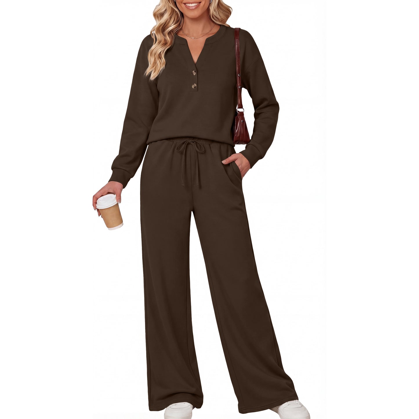 SUNBS Long Sleeve Lounge Sets V Neck Two Piece Sets for Women Wide Leg Pants Travel Outfits Tracksuit Sweatsuits Set