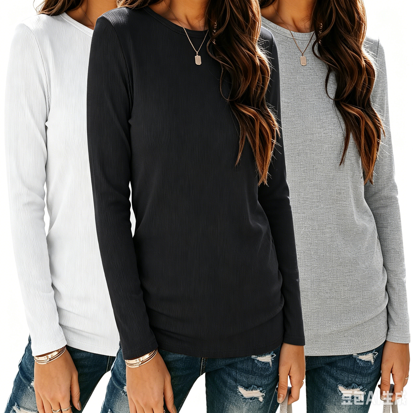 SUNBS Women's Long Sleeve Shirts 3 Pack Vertical Ribbed Crew Neck Stretch Tunic Tops Casual Fall Winter Shirts