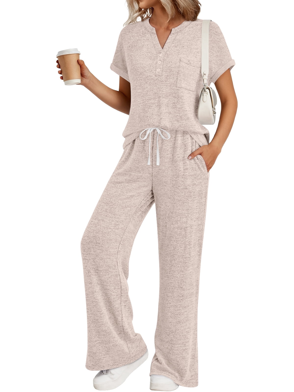 SUNBS 2 Piece Lounge Sets for Women Summer Henley Sweatsuit Travel Vacation Airport Outfits Pajamas Sets