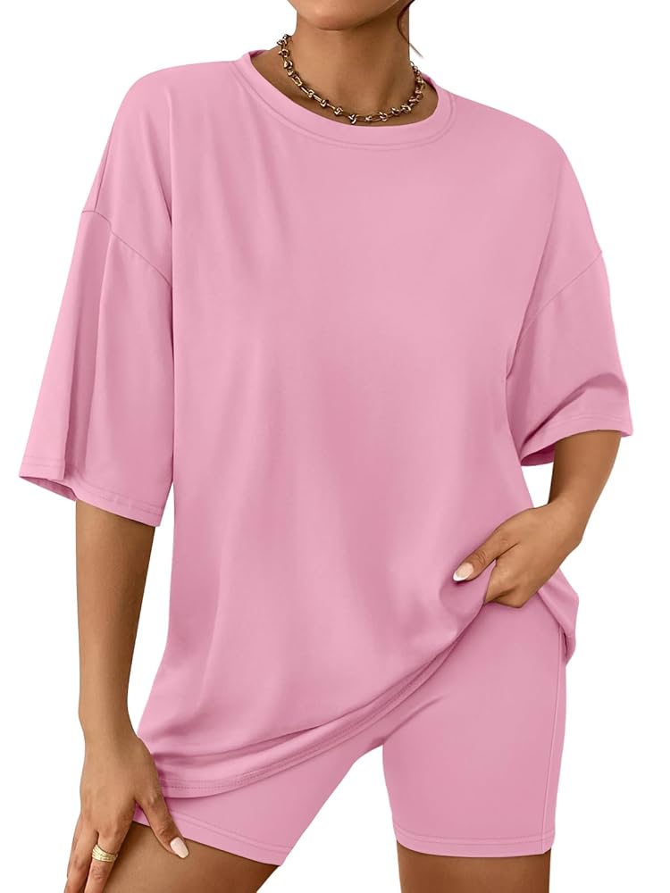 SUNBS Women's Lounge Set Womens 2 Piece Sets Matching Clothing Oversized Tshirts Biker Short Summer Outfits 2025