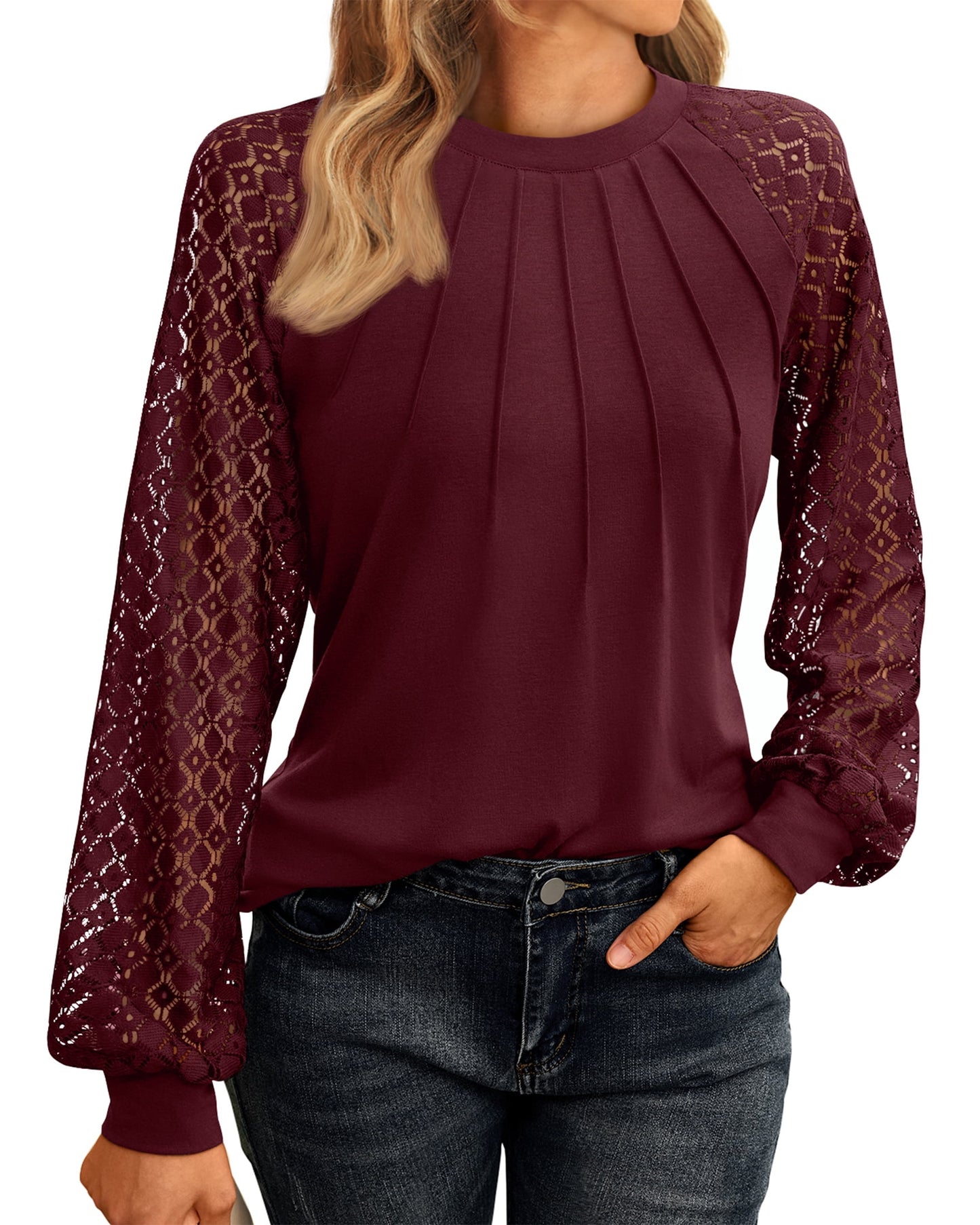 SUNBS Blouses for Women Lace Tunic Tops Crewneck Casual Fashion Long Sleeve Shirts