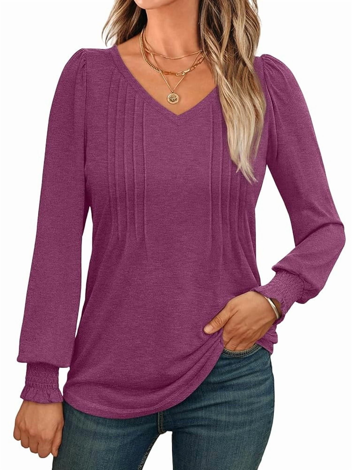SUNBS Pleated Blouses for Women Long Sleeve Shirts Dressy Tunic Tops Crewneck Trendy Clothes