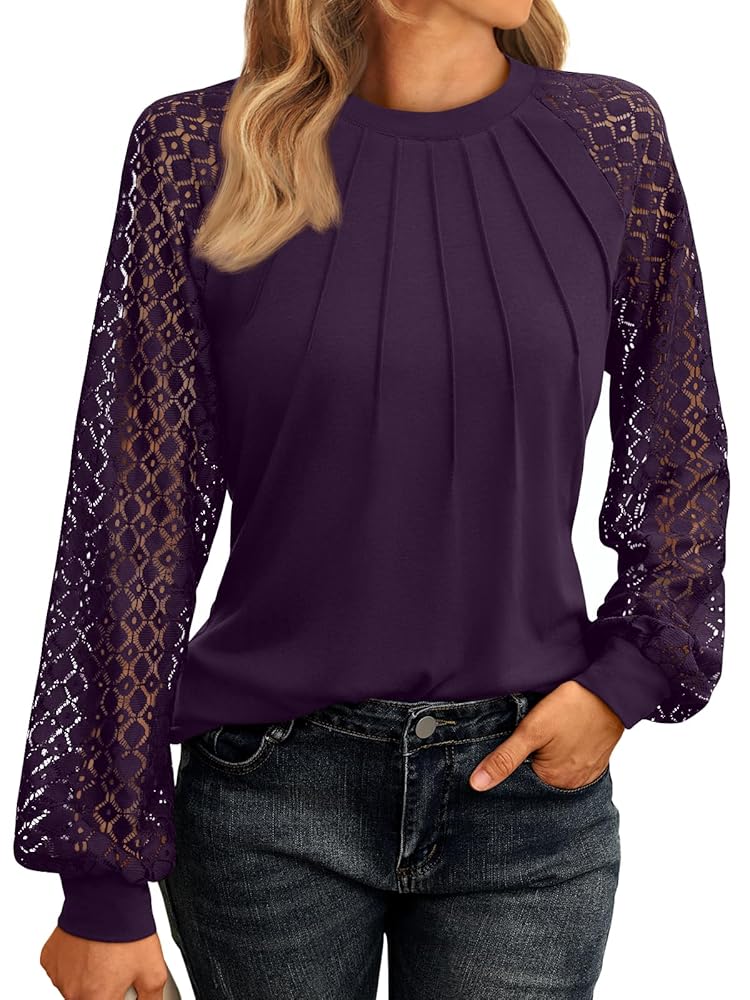 SUNBS Blouses for Women Lace Tunic Tops Crewneck Casual Fashion Long Sleeve Shirts