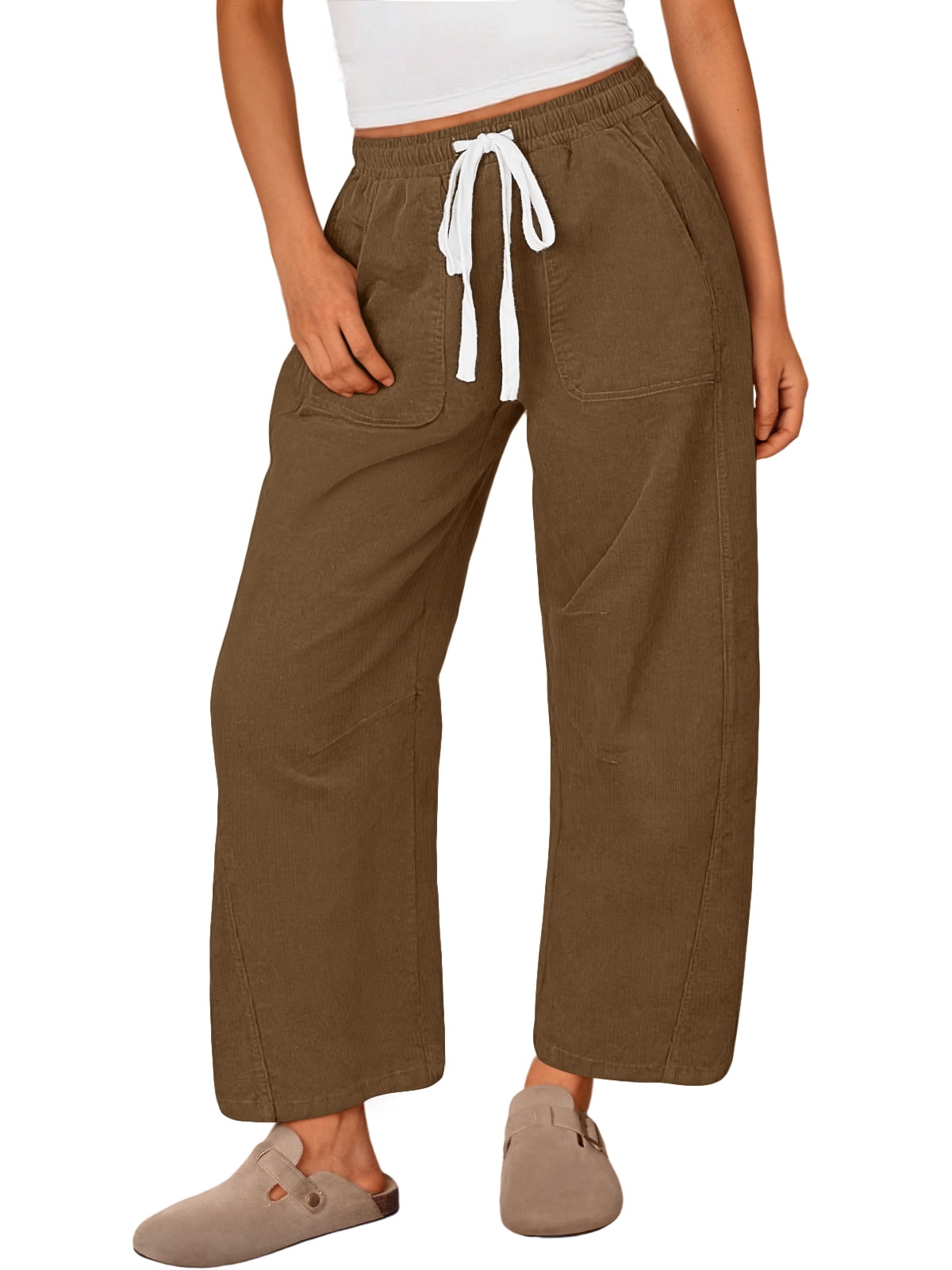 SUNBS Womens Corduroy Pants Fall Barrel Linen Pant Winter Casual Wide Leg Trousers with Pockets