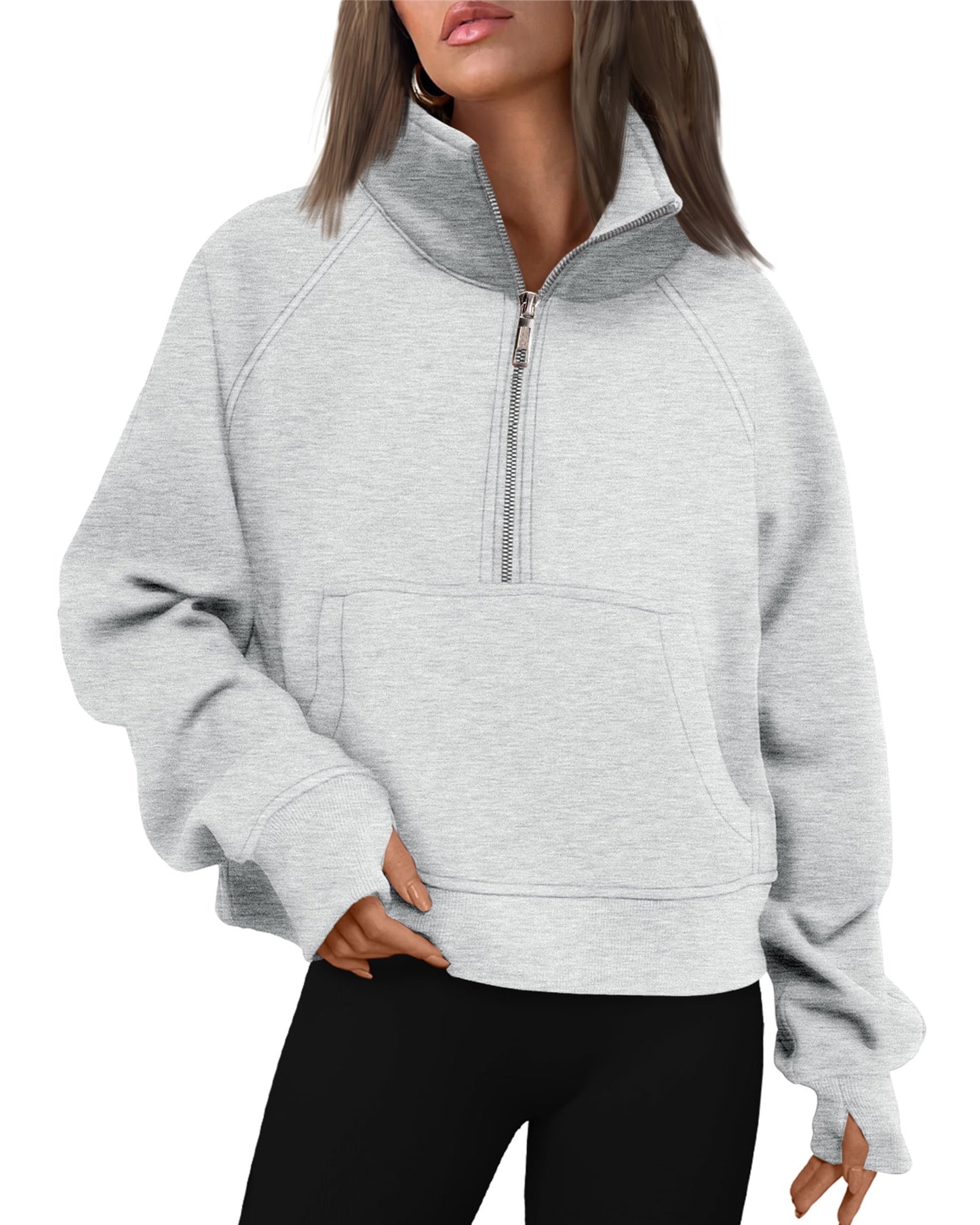 SUNBS Hoodies for Women Quarter-Zip V Neck Fleece Pullover Oversized Sweatshirt with Thumb Holes
