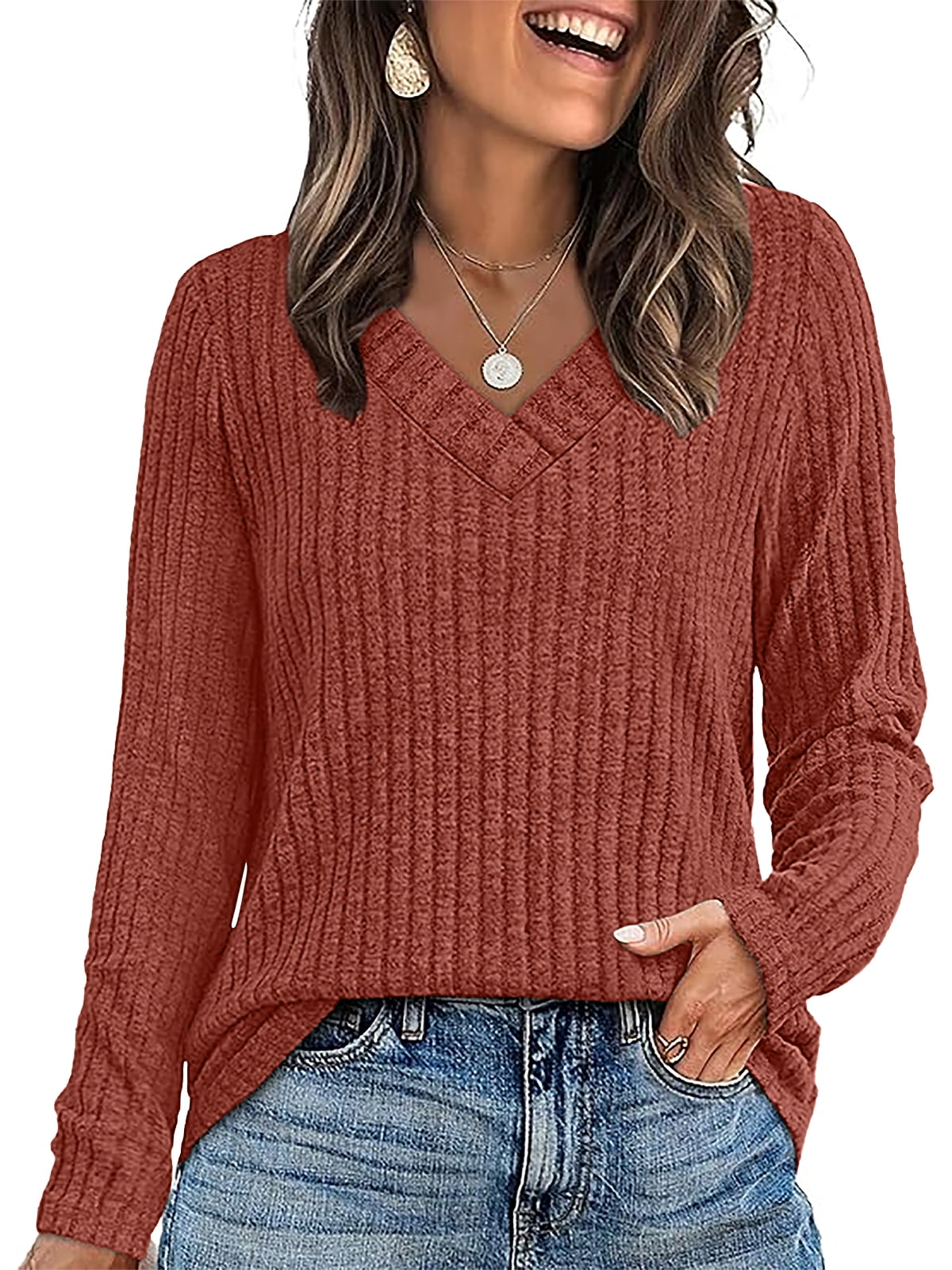SUNBS Long Sleeve Shirts for Women V Neck Fall Sweater Fashion Outfits Tunic Tops