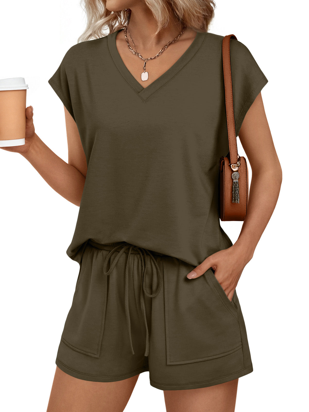 SUNBS 2 Piece Outfit for Women Lounge Sets V Neck Cap Sleeve Shirt and Shorts Sweatsuit Womens Matching Sets