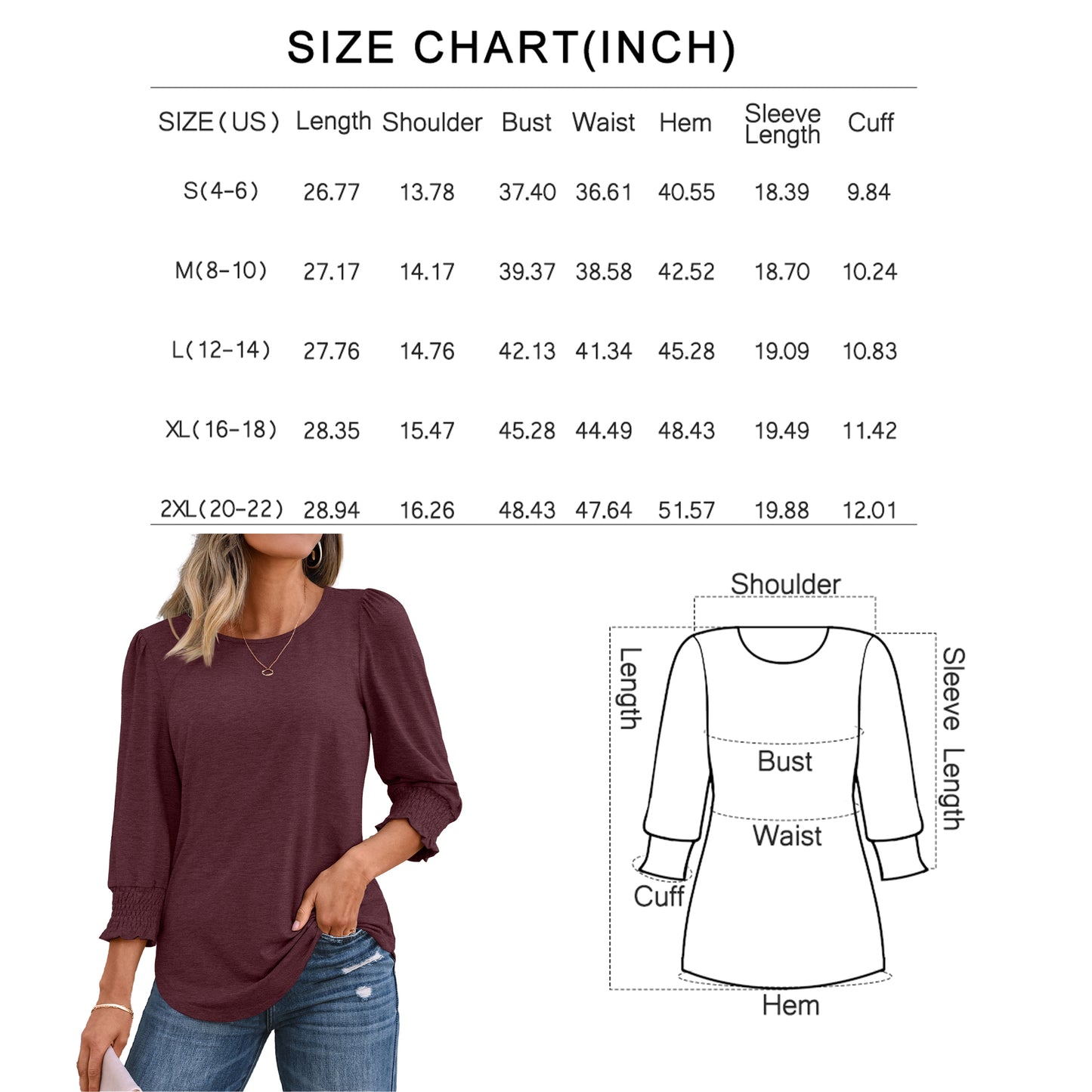 SUNBS Dressy Tops for Women 3/4 Length Sleeve Shirts Casual Blouses Trendy Fall Winter Clothes, Sizes S-2XL