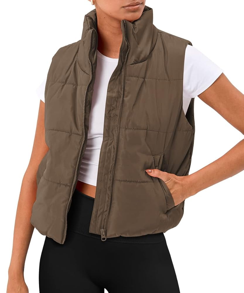 SUNBS Puffer Vest Women Sleeveless Winter Cropped Outerwear Warm Puffer Lightweight Stand-up Collar Down with Pockets