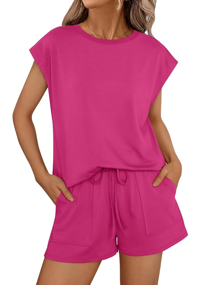 SUNBS Womens Crew Neck Two Piece short Sets Cap Sleeve Drawstring Summer Sweatsuit with Pocket