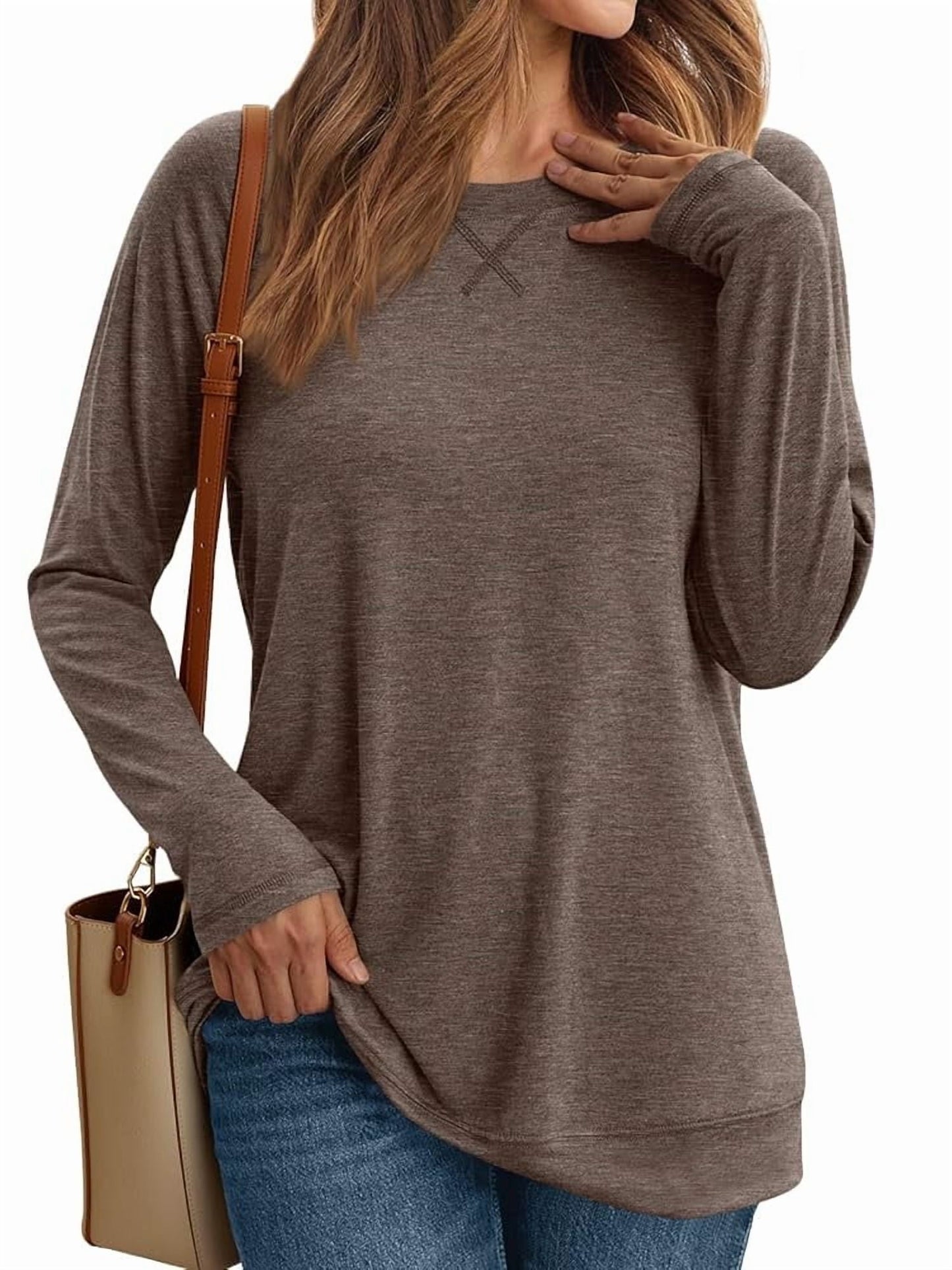 SUNBS Long Sleeve Shirts for Women Casual Work Tops Crewneck Blouses Loose Fit Clothes Trendy