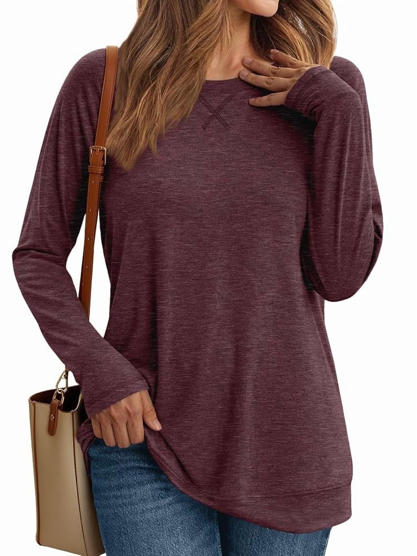SUNBS Long Sleeve Shirts for Women Casual Work Tops Crewneck Blouses Loose Fit Clothes Trendy