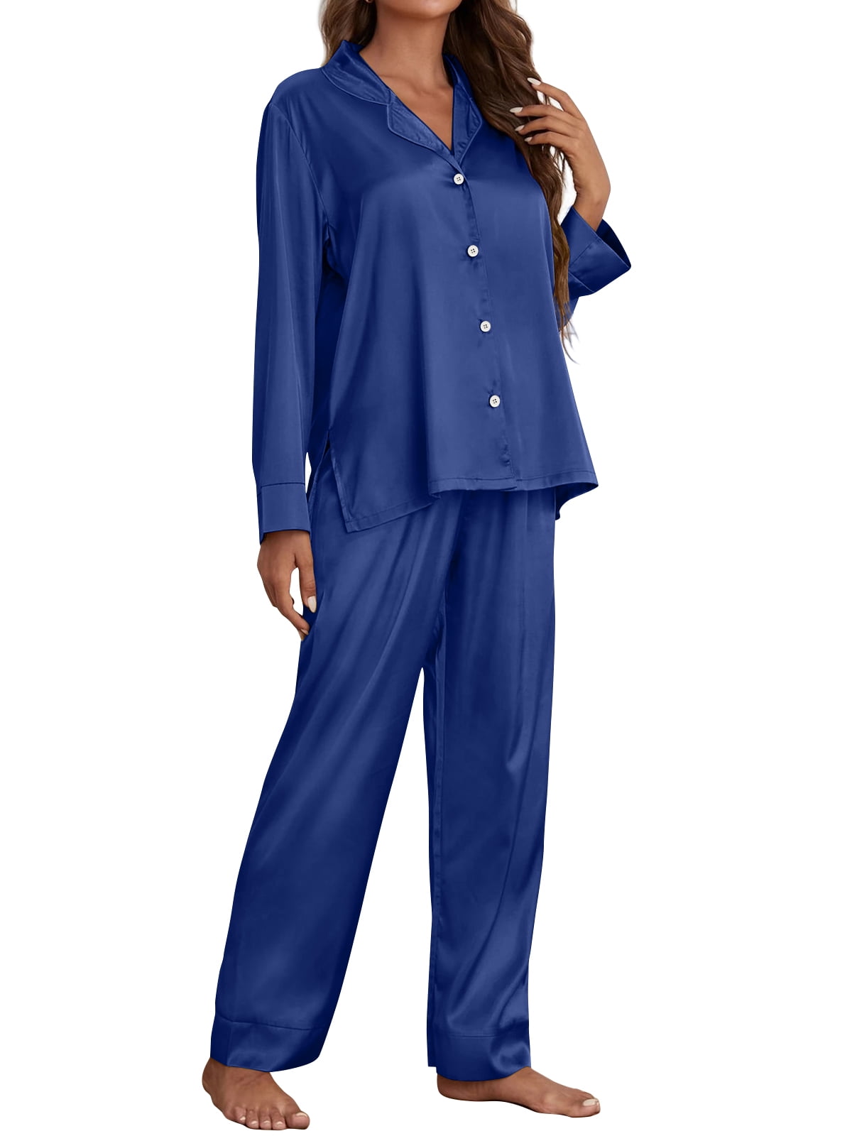 SUNBS Satin Silk Pajama Set for Women Fall 2 Piece Button Up Side Slit Matching Pjs Cute Long Sleeve Lounge Shirts Pants