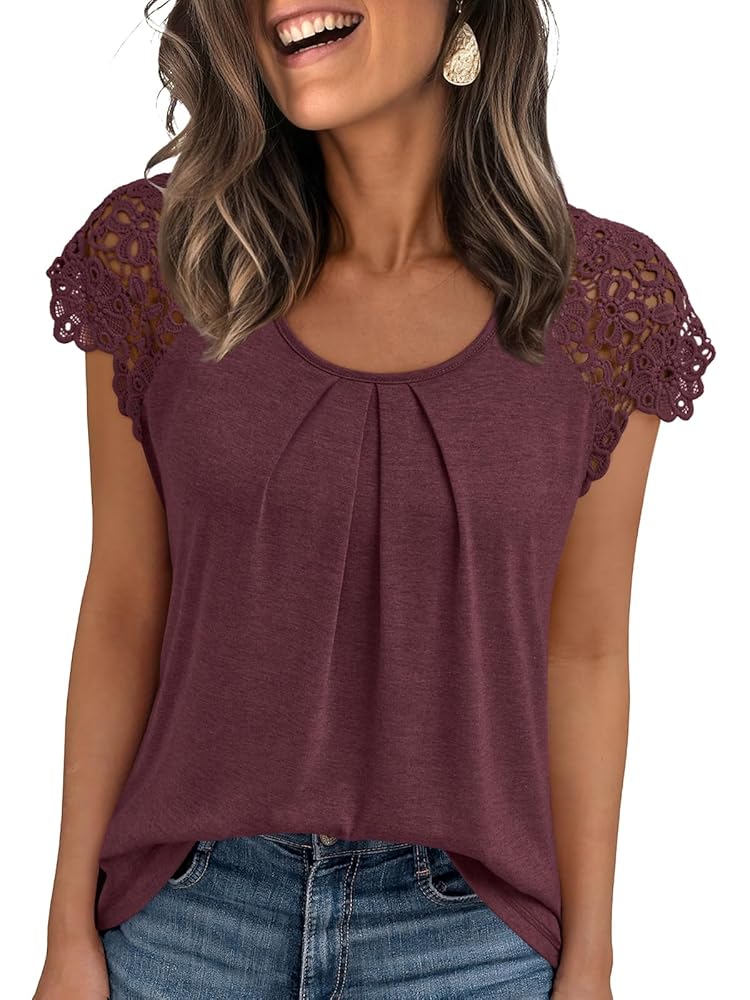 SUNBS Womens Lace Tops Pleated Short Sleeve Shirts Summer Business Casual Dressy Blouses