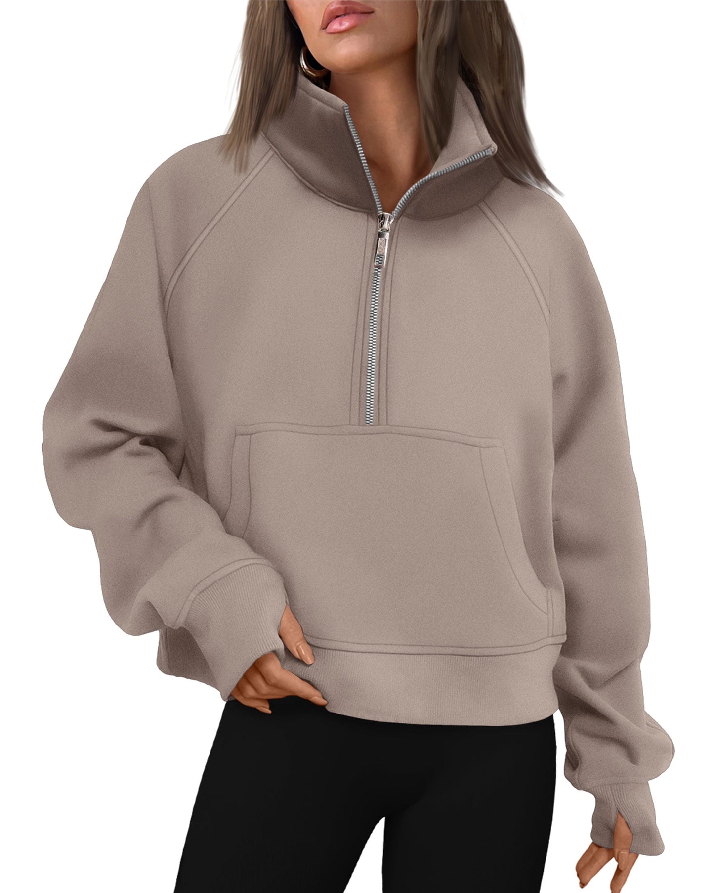 SUNBS Hoodies for Women Quarter-Zip V Neck Fleece Pullover Oversized Sweatshirt with Thumb Holes