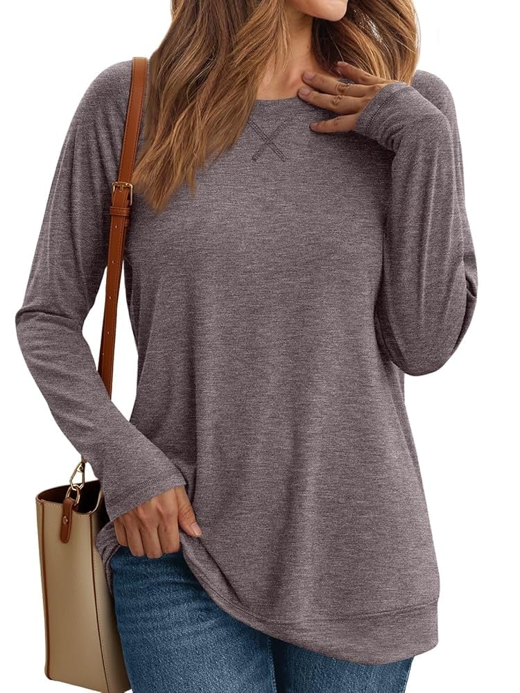 SUNBS Long Sleeve Shirts for Women Casual Work Tops Crewneck Blouses Loose Fit Clothes Trendy