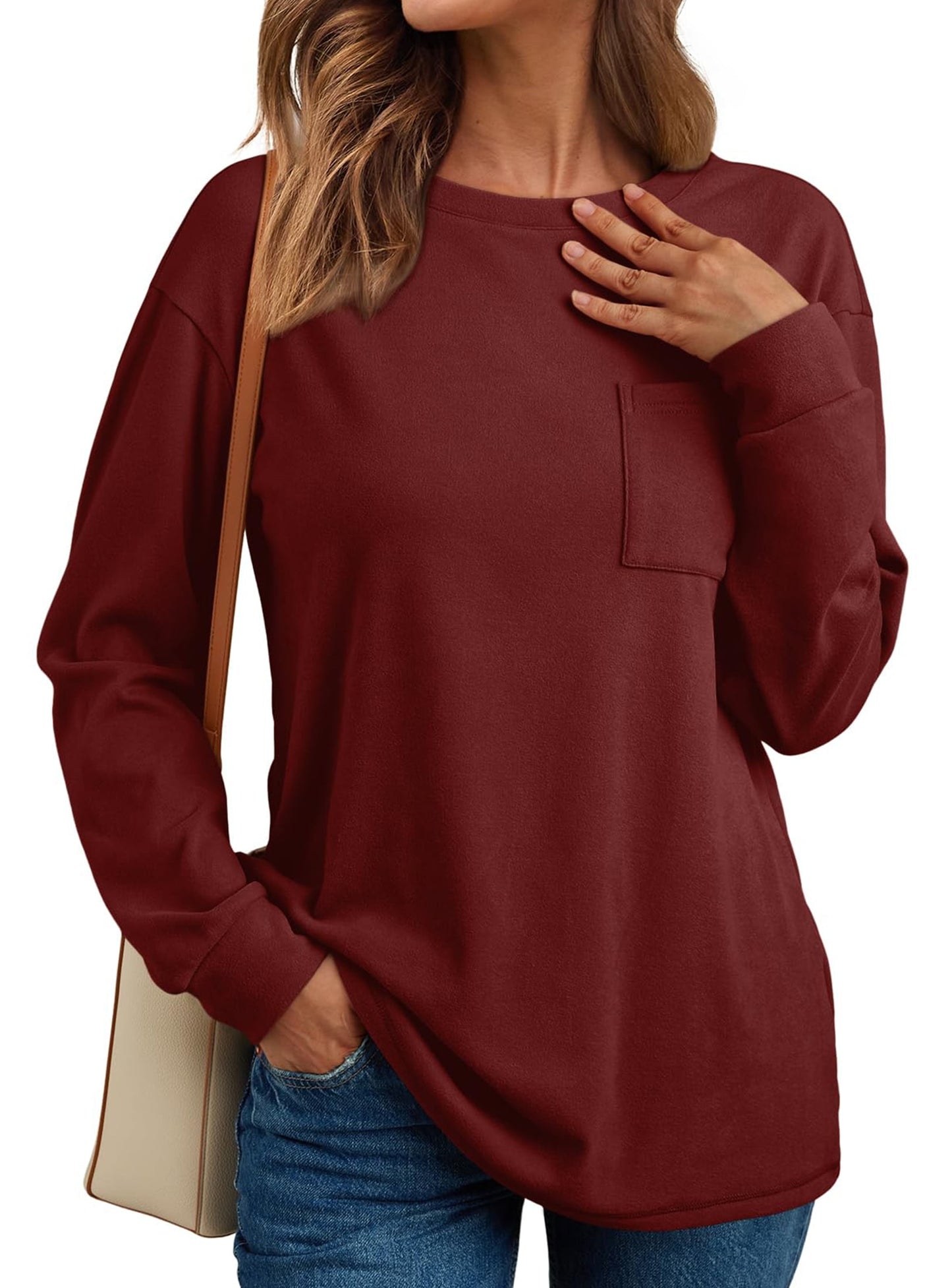 SUNBS Womens Long Sleeve Crewneck Shirts Fall Winter Casual Work Tops Women Blouses Trendy Basic Outfits