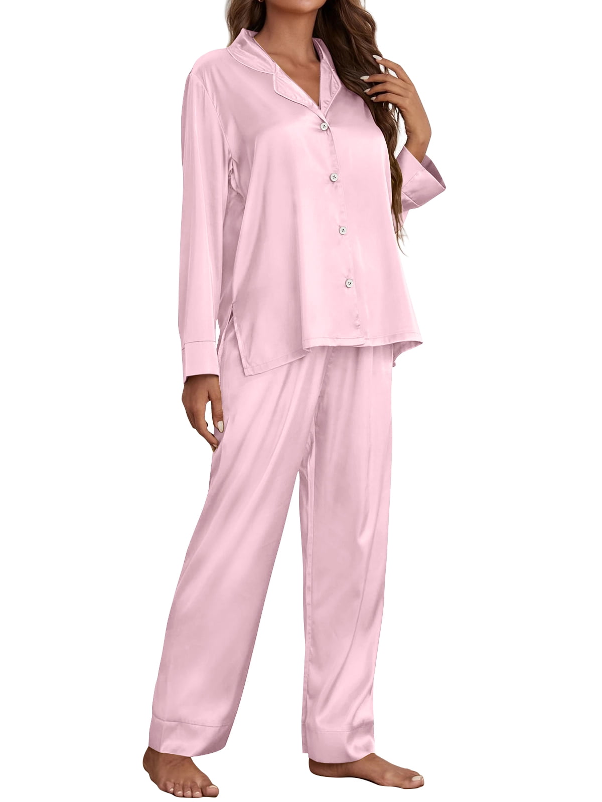 SUNBS Satin Silk Pajama Set for Women Fall 2 Piece Button Up Side Slit Matching Pjs Cute Long Sleeve Lounge Shirts Pants