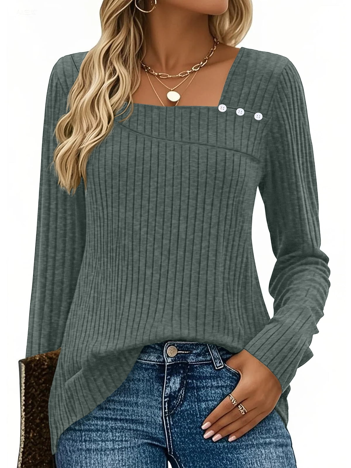 SUNBS Long Sleeve Shirts for Women Trendy Casual Square Neck Tops Lightweight