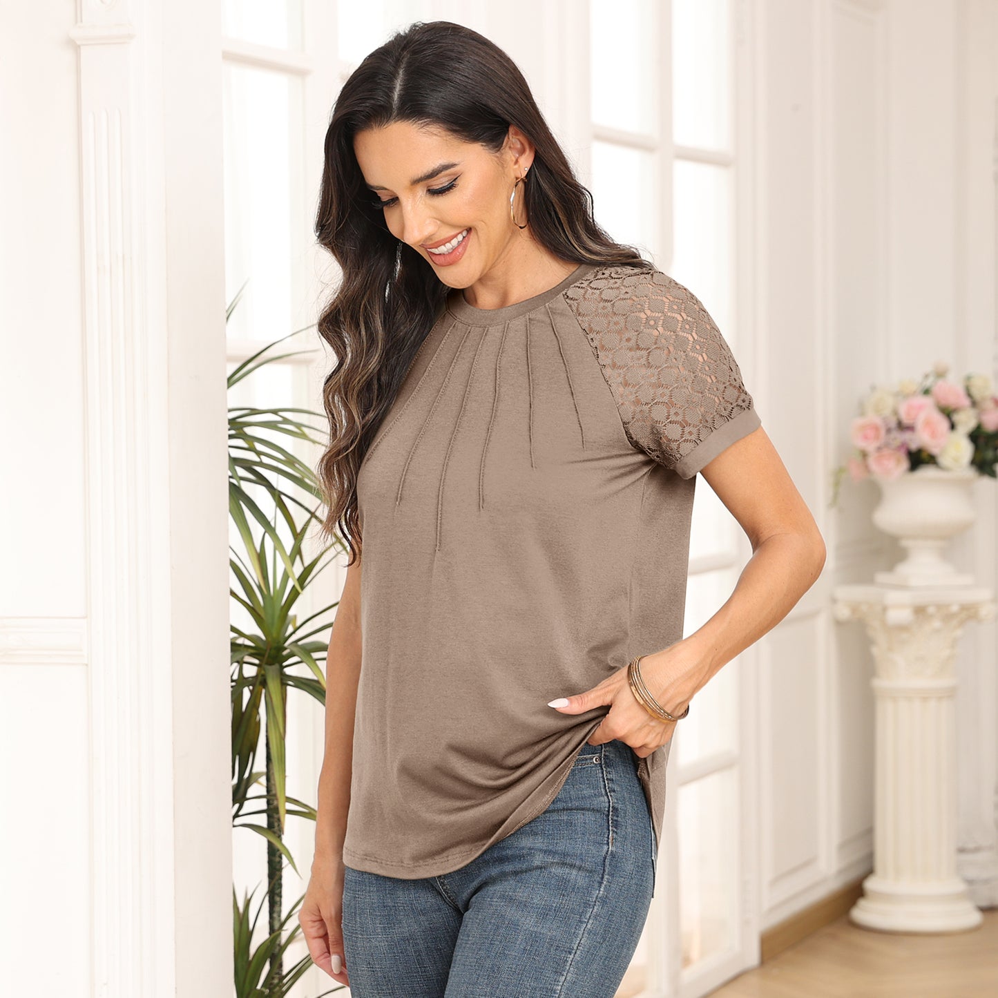 SUNBS Womens Lace Tops Dressy Knitted Short Sleeve Shirts Summer Trendy Blouses 2025