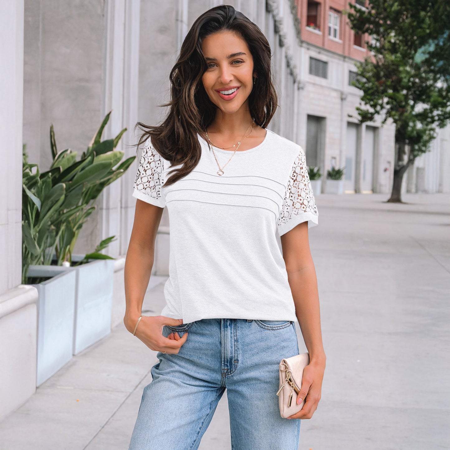 SUNBS Blouses for Women Short Sleeve Lace Tops Dressy Casual Tees 2025 Trendy