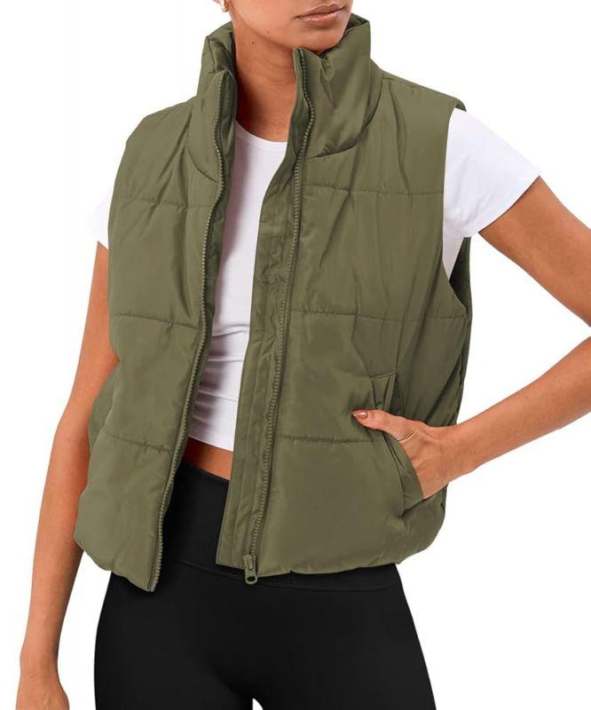 SUNBS Puffer Vest Women Sleeveless Winter Cropped Outerwear Warm Puffer Lightweight Stand-up Collar Down with Pockets
