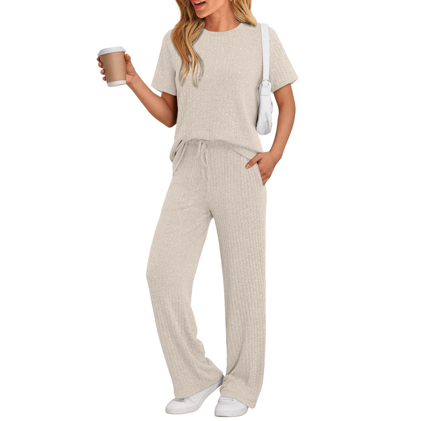 SUNBS Two Piece Lounge Sets for Women Matching Outfits Casual Ribbed Knit Pajamas Set Wide Leg Pants Trendy Clothes 2025