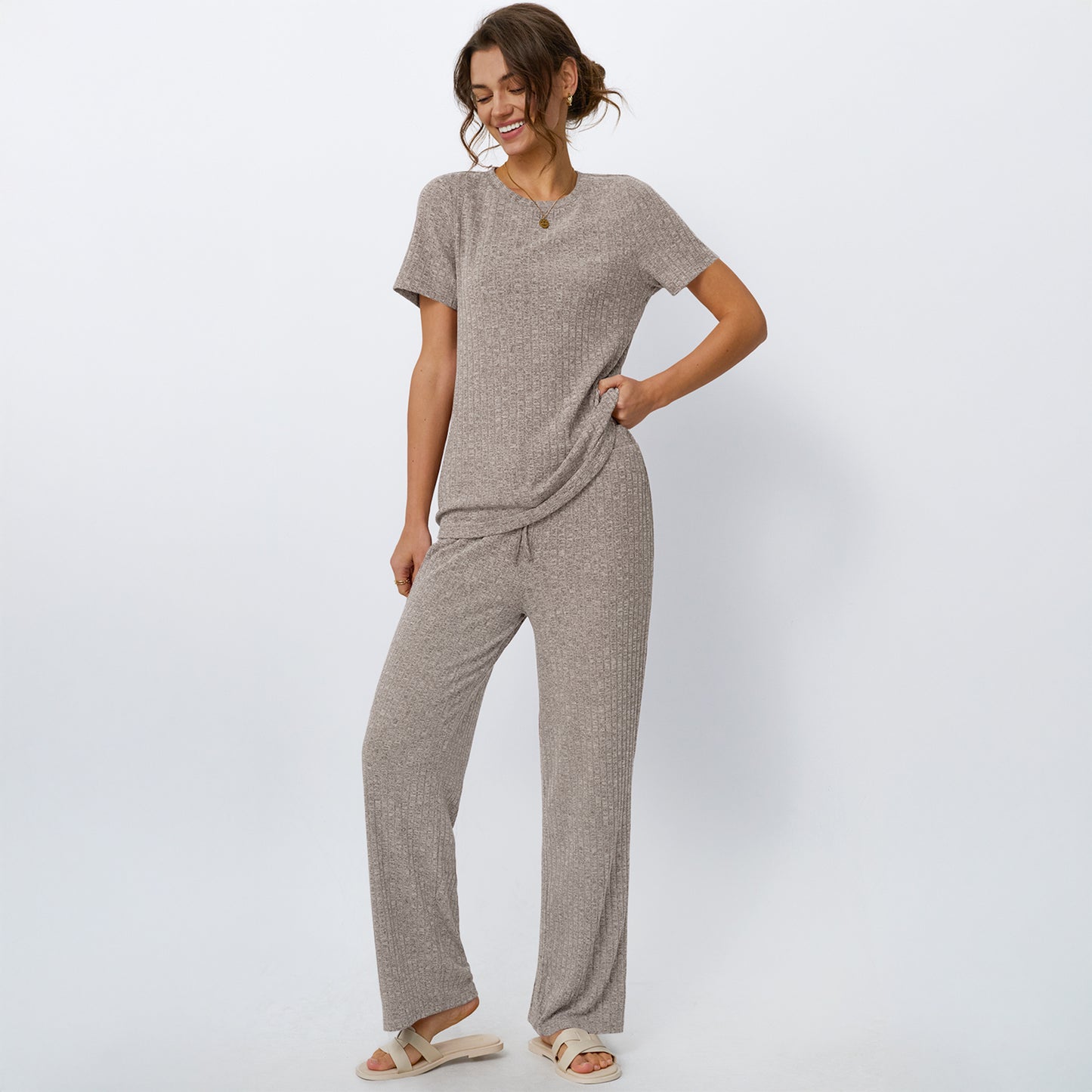 SUNBS Two Piece Lounge Sets for Women Matching Outfits Casual Ribbed Knit Pajamas Set Wide Leg Pants Trendy Clothes 2025