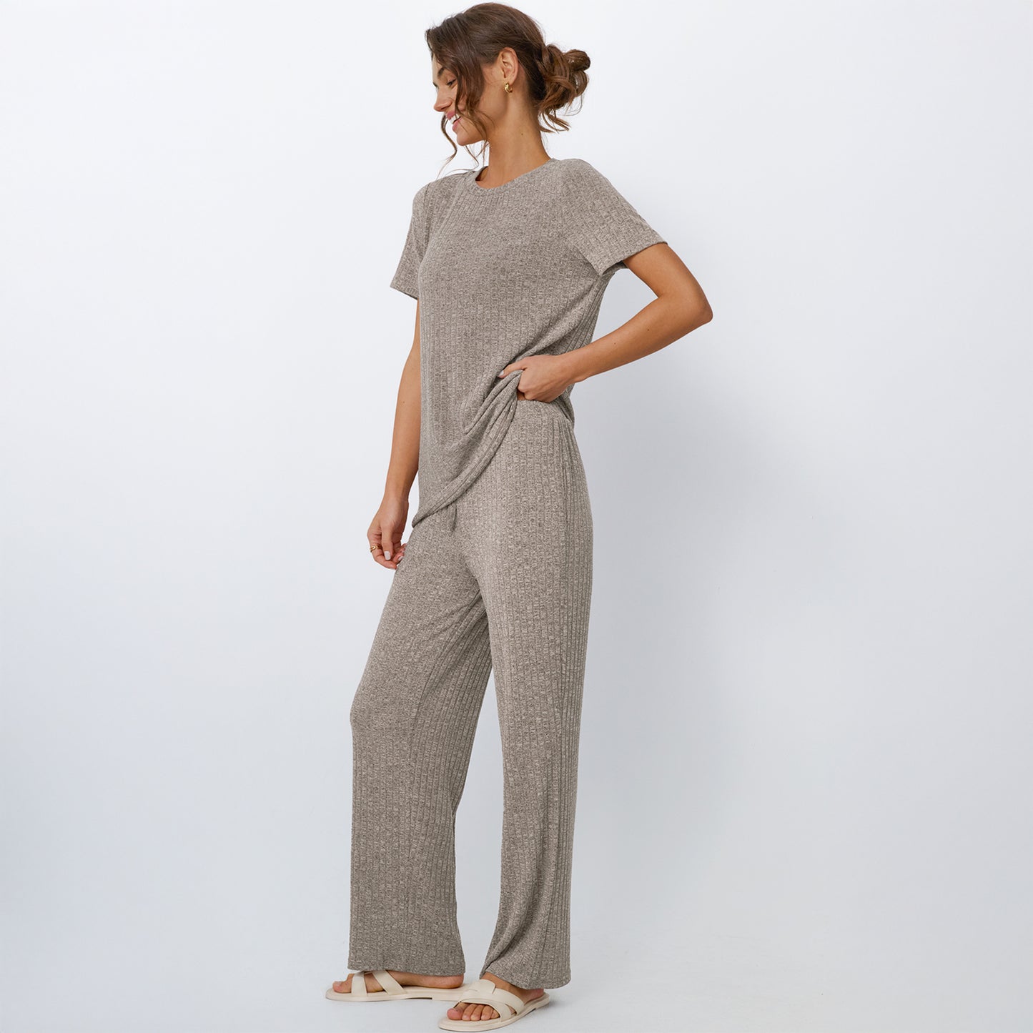 SUNBS Two Piece Lounge Sets for Women Matching Outfits Casual Ribbed Knit Pajamas Set Wide Leg Pants Trendy Clothes 2025