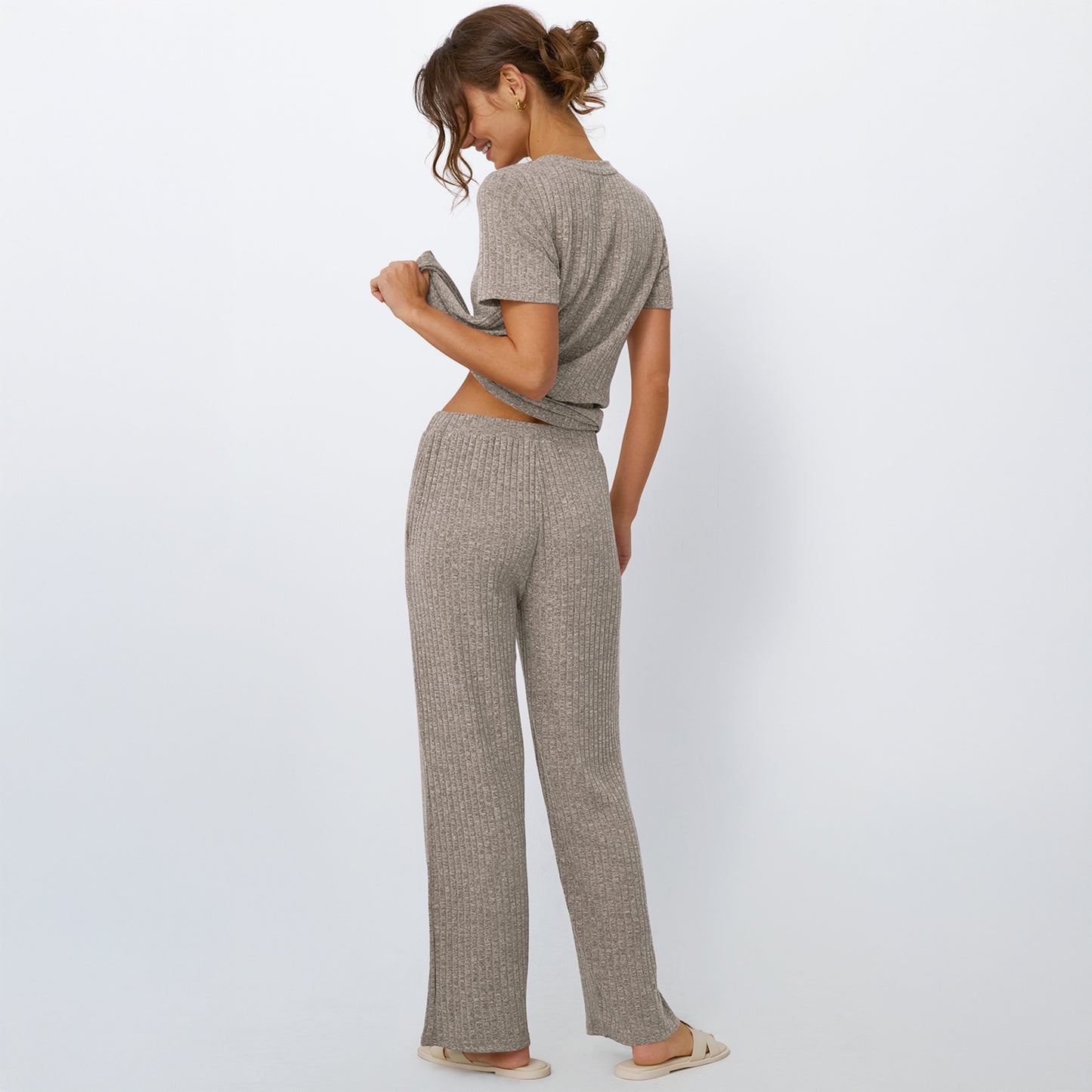 SUNBS Two Piece Lounge Sets for Women Matching Outfits Casual Ribbed Knit Pajamas Set Wide Leg Pants Trendy Clothes 2025