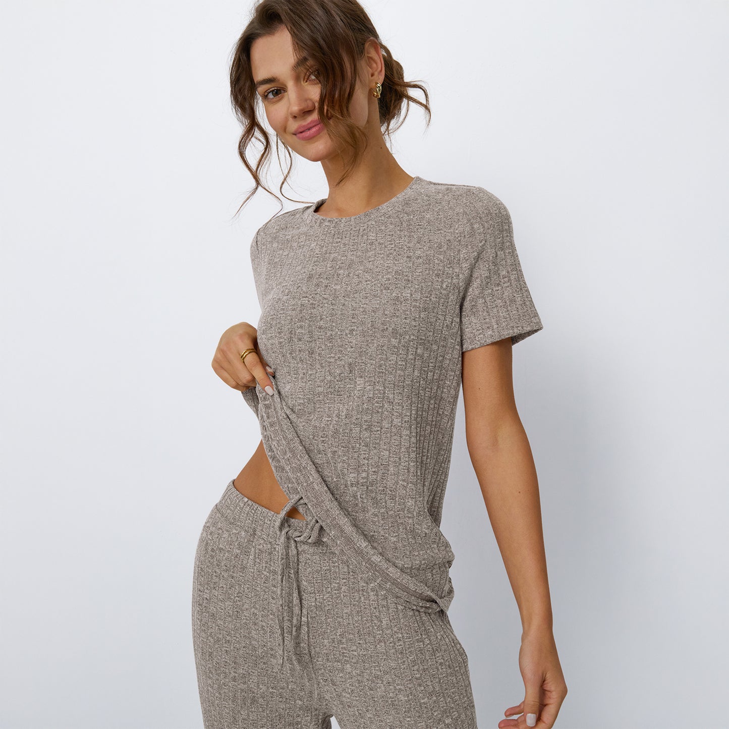 SUNBS Two Piece Lounge Sets for Women Matching Outfits Casual Ribbed Knit Pajamas Set Wide Leg Pants Trendy Clothes 2025