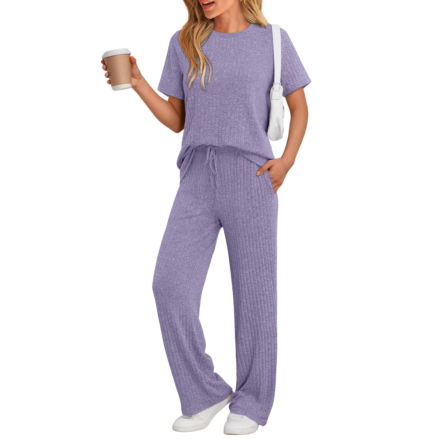 SUNBS Two Piece Lounge Sets for Women Matching Outfits Casual Ribbed Knit Pajamas Set Wide Leg Pants Trendy Clothes 2025